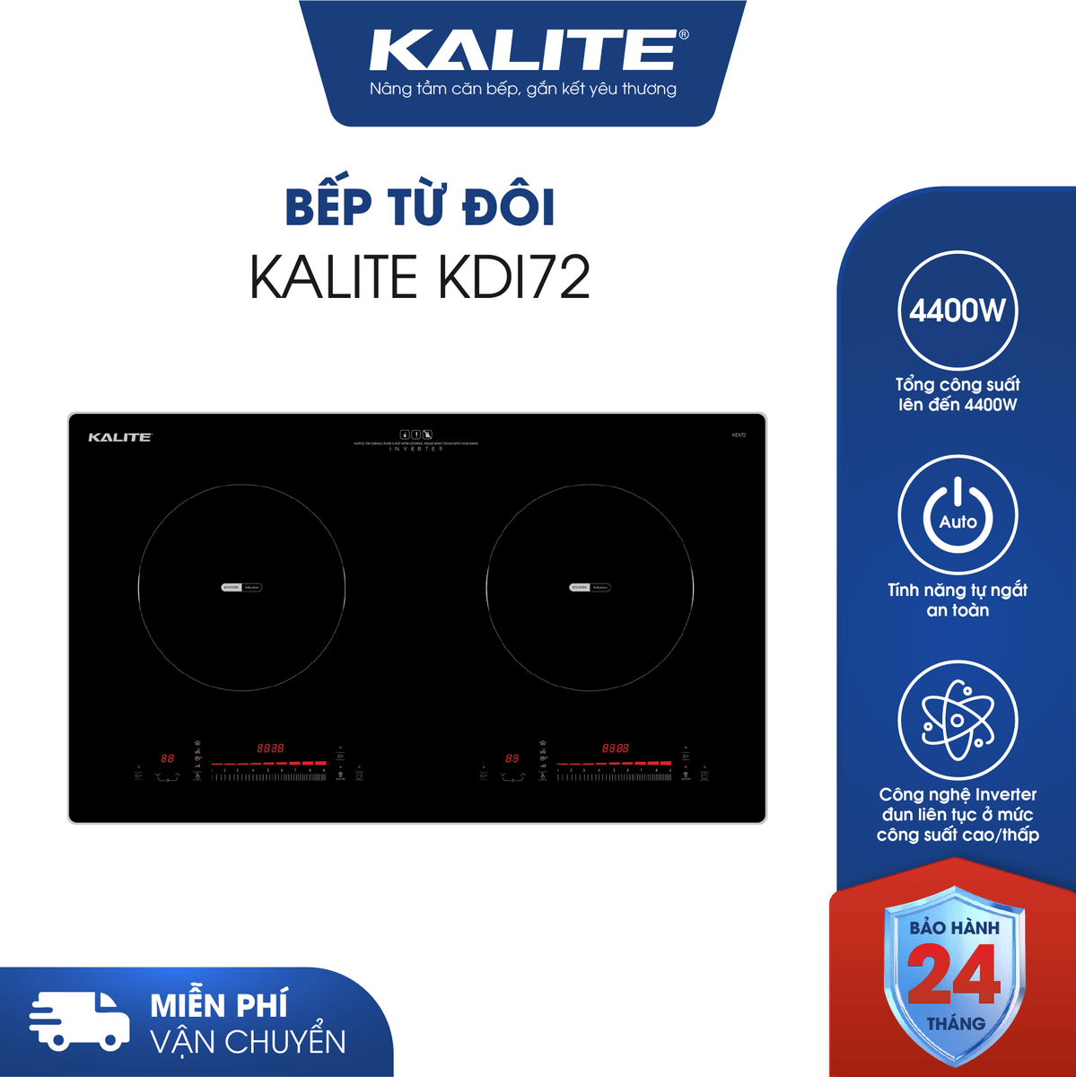 Bếp từ đôi KALITE KDI72 mặt kính sang trọng an toàn dễ vệ sinh