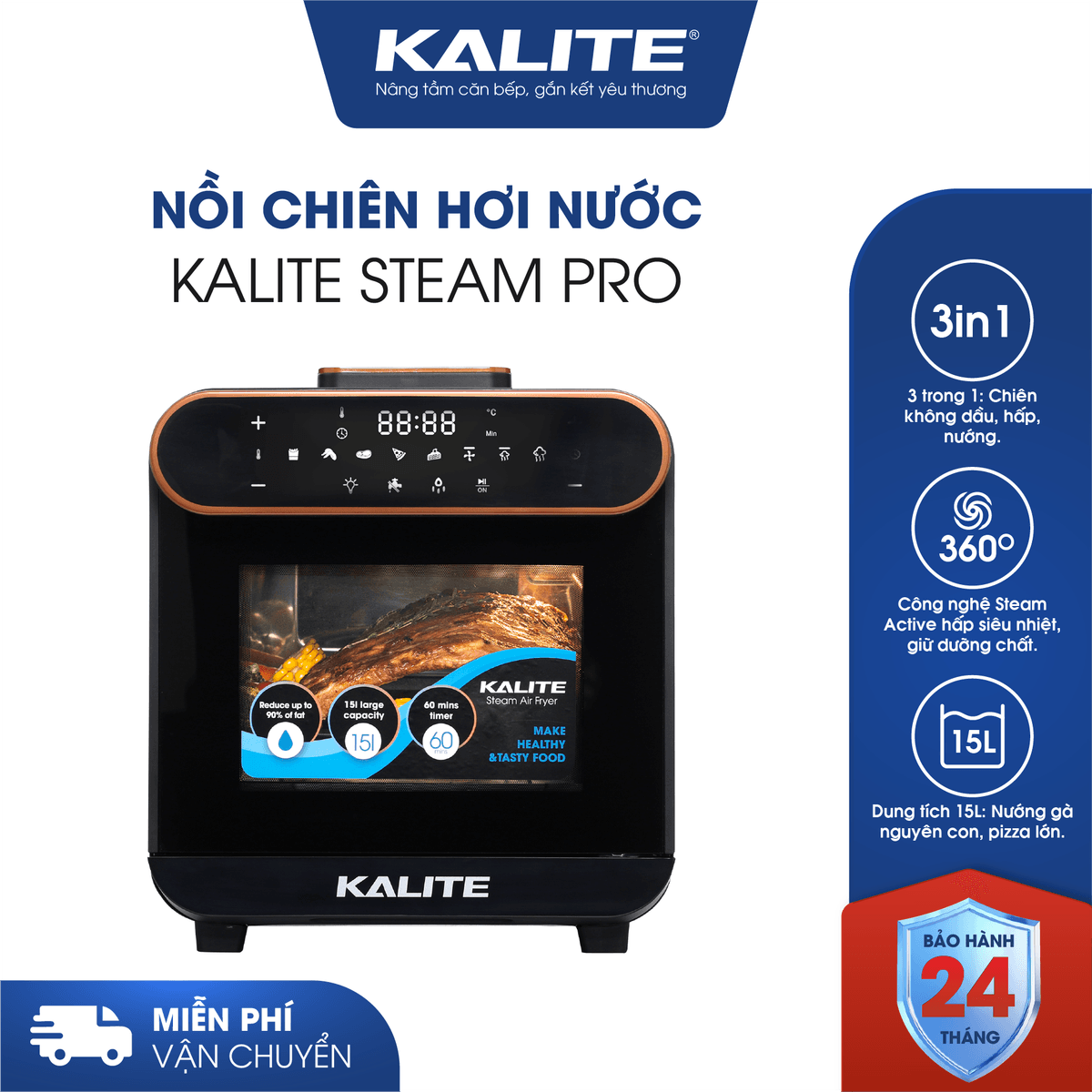 Nồi chiên hơi nước KALITE STEAM PRO 15 lít, 3 trong 1