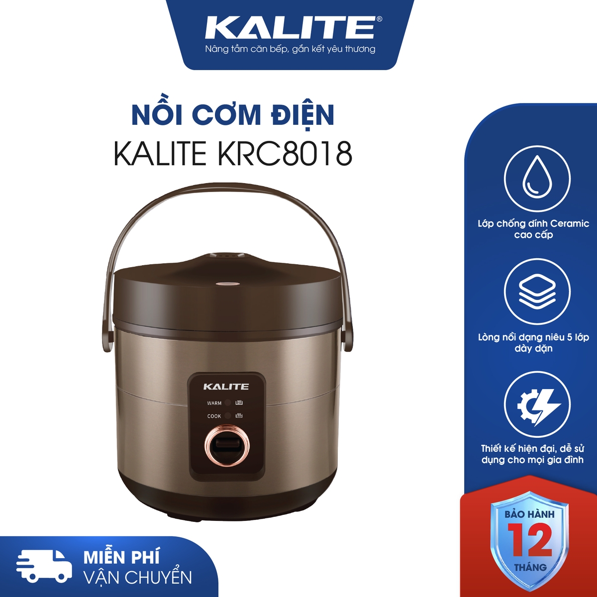 Nồi cơm điện KALITE KRC8018 lòng gốm Ceramic chống dính chống xước